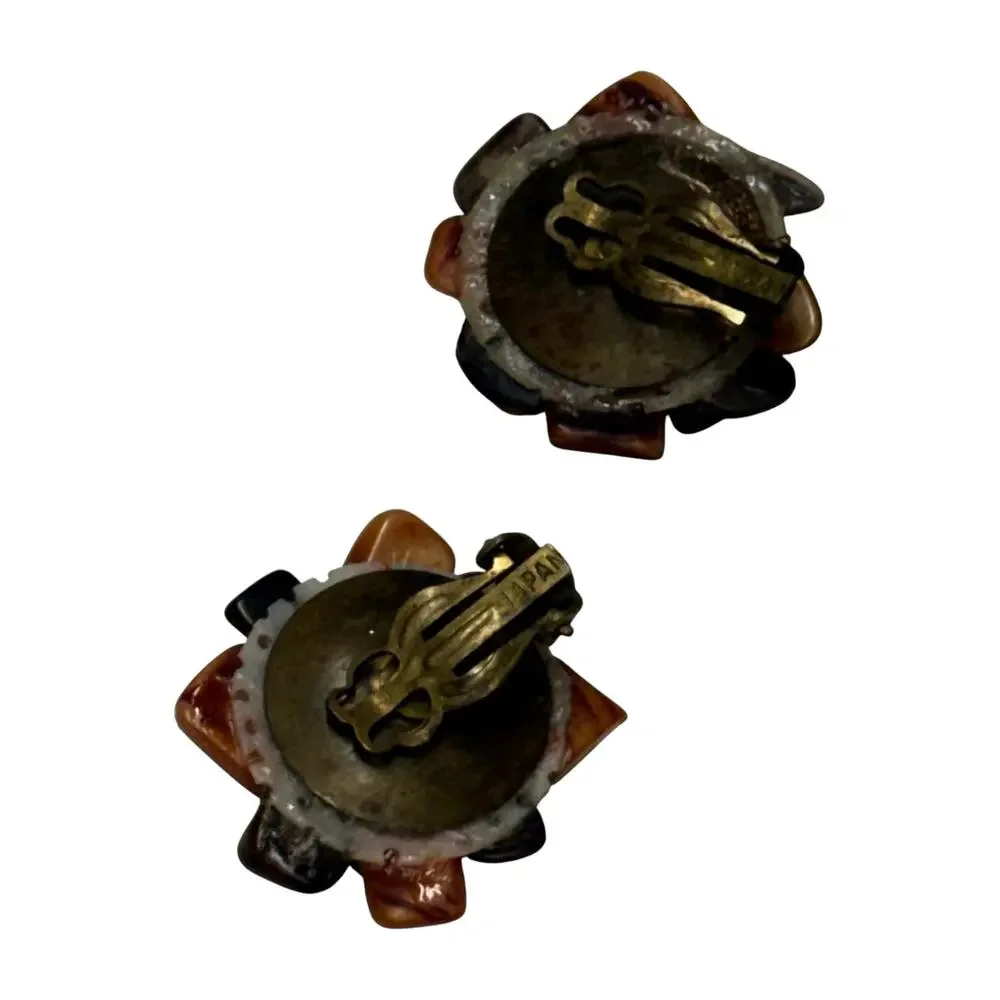 Vintage Japan Mother of Pearl Cluster Clip On Earrings Shell Tile - Picture 3 of 6